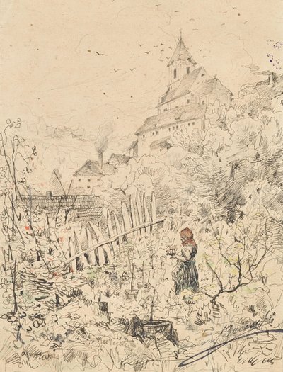 Paysanne dans un jardin, derrière l
