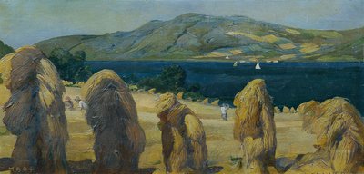 Paysage du lac Attersee avec des gerbes de céréales - Anton Josef von Kenner