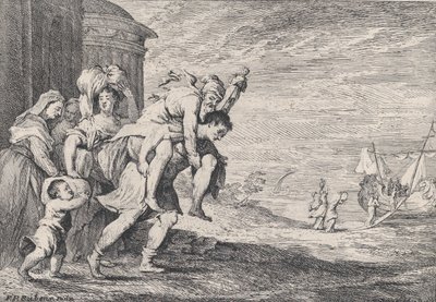 Énée fuyant Troie, avec un groupe de six figures quittant la ville à gauche, Énée portant..., 1728 - Anton Joseph von Prenner