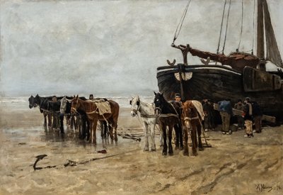 Dutch : Bomschuit avec chevaux de halage sur la plage de Scheveningen Bateau de pêche avec chevaux de halage sur la plage de Scheveningen - Anton Mauve