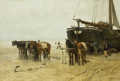 Dutch : Bomschuit avec chevaux de halage sur la plage de Scheveningen Bateau de pêche avec chevaux de halage sur la plage de Scheveningen - Anton Mauve