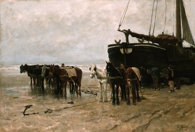 Dutch : Bomschuit avec chevaux de halage sur la plage de Scheveningen Bateau de pêche avec chevaux de halage sur la plage de Scheveningen - Anton Mauve