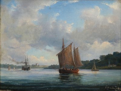 Scène de fjord avec des bateaux de pêche et un bateau à aubes - Anton Melbye