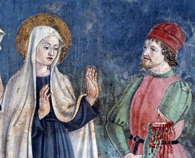 Vie de Sainte Francesca Romana : À son retour de Saint Jean de Latran, la sainte guérit un homme avec un bras coupé (détail) - Antoniazzo Romano