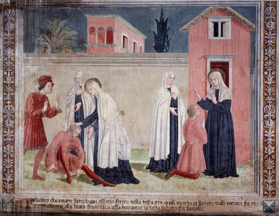 Vie de Sainte Francesca Romana : La sainte guérit un homme blessé à la tête - Antoniazzo Romano