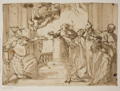 Quatre doges et un homme en manteau avec le bonnet du doge dans ses mains, avec l