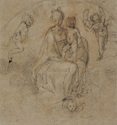 Madone et enfant dans les nuages flanqués de deux putti - Antonio Cimatori