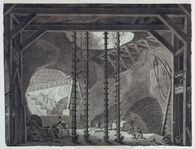 Décor de scène, hommes construisant un bâtiment dans une grotte - Antonio Giuseppe Basoli