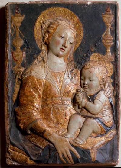 Vierge et Enfant. Bas-relief polychrome - Antonio Rossellino