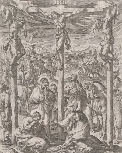 Le Christ crucifié entre les deux voleurs, les trois Marie au pied de la croix - Antonio Tempesta