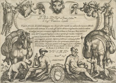 Frontispice avec chasseurs, chiens et chevaux, de 