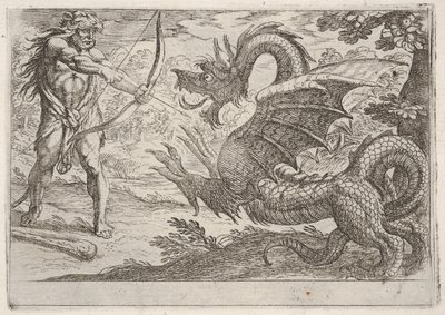 Hercule et le serpent Ladon : Hercule bande son arc, le serpent dressé apparaît en proie, 1608 - Antonio Tempesta
