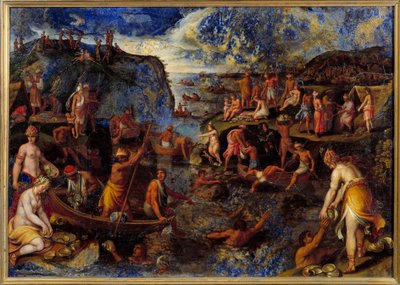 Pêche de perles par les Américains Peinture avec lapis-lazuli - Antonio Tempesta