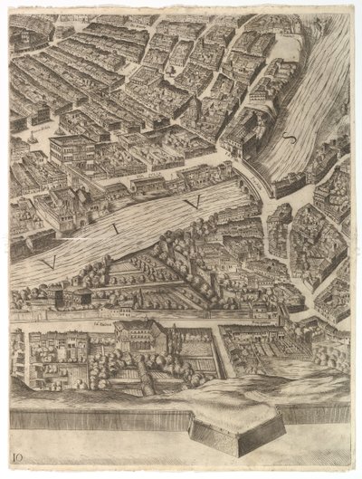 Plan de la ville de Rome. Partie 10 avec le Tibre et la Villa Farnesina, 1645 - Antonio Tempesta