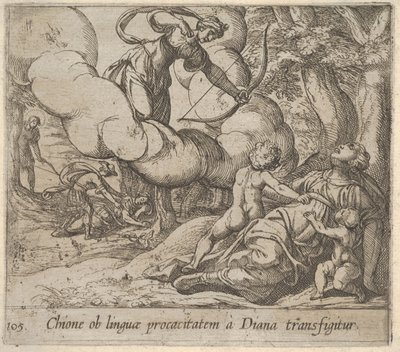 Planche 105 : Diane visant son arc vers Chione, accompagnée de deux enfants, dans un autre..., 1606 - Antonio Tempesta