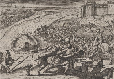 Planche 12 : Tirer un navire chargé de grain vers le rivage, de La guerre des Romains contre..., 1611 - Antonio Tempesta