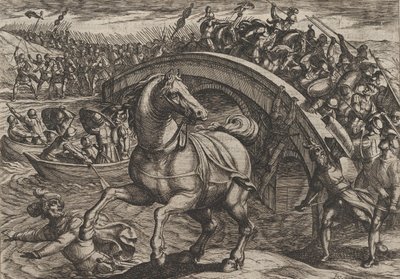 Plaque 31 : Civilis forcé de descendre de cheval et de traverser la rivière à la nage, de La Guerre des Romains - Antonio Tempesta