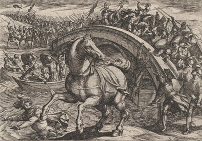 Planche 31 : Civilis forcé de descendre de cheval et de traverser la rivière à la nage, de La Guerre des Romains..., 1611 - Antonio Tempesta