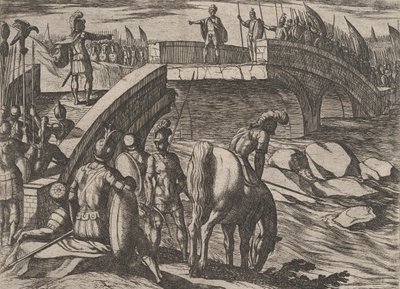 Planche 36: Civilis et Cerialis se rencontrent sur un pont brisé pour parvenir à un accord, de La Guerre des Bataves, 1611 - Antonio Tempesta