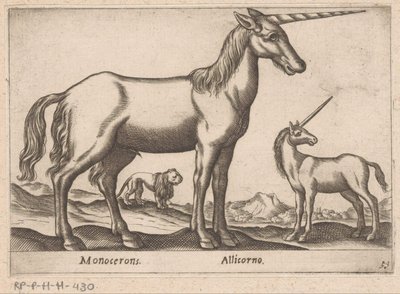Deux licornes et un lion (Monocerons/Allicorno, série Animaux et créatures fabuleuses, Nova raccolta de li animali piu curiosi del mondo) - Antonio Tempesta