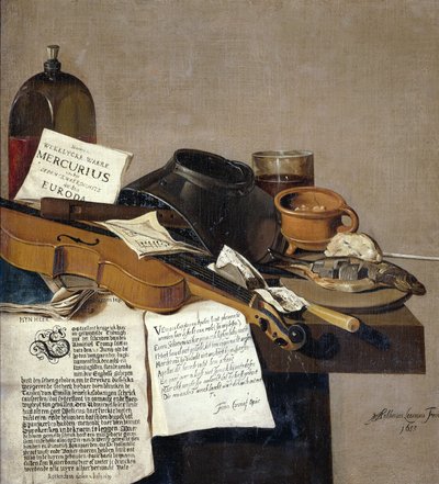 Nature morte avec brochures, un violon, une flûte, de la nourriture et des brochures - Antonius Leemans