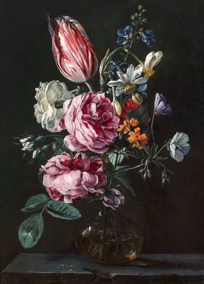 Un bouquet de narcisses, tulipe perroquet, roses et autres fleurs dans un vase en verre sur un socle en pierre, vers 1650 - Antwerp School