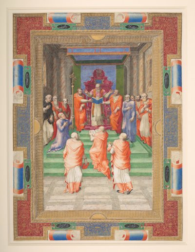 Une cérémonie papale, Paul IV devant le trône papal, Add. MS 35254 Q, vers 1555-59 - Apollonio di Bonfratelli