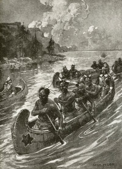 Samuel De Champlain en 1608 remontant le fleuve Saint-Laurent dans les canoës des Indiens d