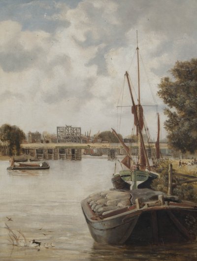 Le pont actuel de Hammersmith en construction montrant le pont temporaire, 1886 - Archibald Webb