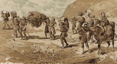 Litière, porteurs et mules chargées, époque des Croisades, 11ème siècle - Armand Jean Heins