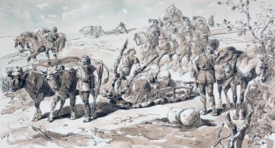 Bœufs tirant un traîneau primitif chargé de rochers, 1886 - Armand Jean Heins
