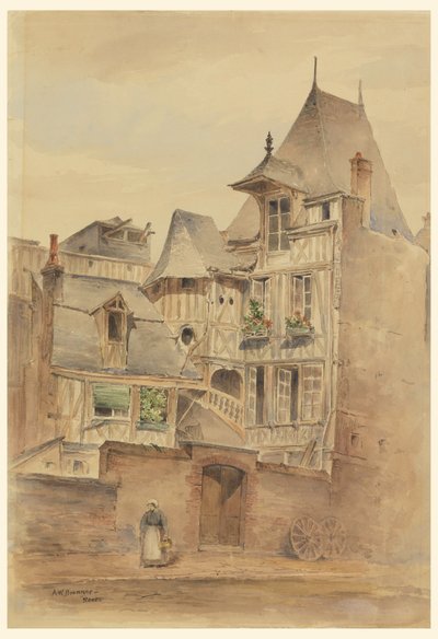 Dessin, scène de rue avec des maisons médiévales, vers 1885 - Arnold William Brunner