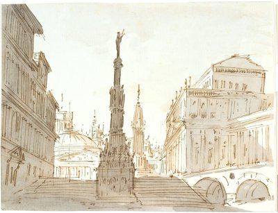 Escalier avec colonne entourée de palais et d