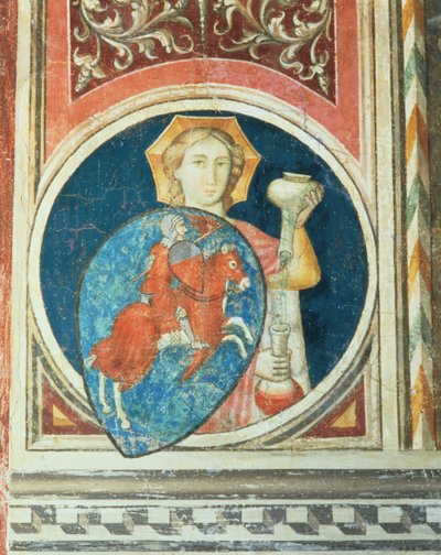 Figure allégorique de la Tempérance, une des nombreuses représentations des Vertus encadrant la Justice Militante du Salone del Consiglio - Arrigo di Niccolo