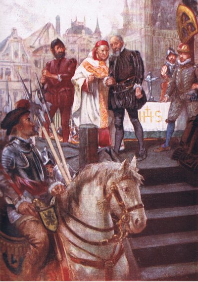 Au centre de la place, un échafaud avait été érigé, illustration de Romance of History: The Netherlands, années 1920 - Arthur David McCormick
