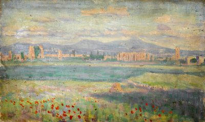 Paysage méditerranéen avec coquelicots au premier plan et ville fortifiée en arrière-plan - Arthur Haythorne Studd