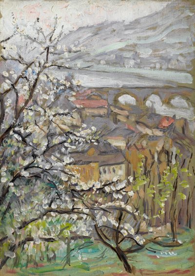 Vue à travers un verger sur un pont et un estuaire - Arthur Haythorne Studd