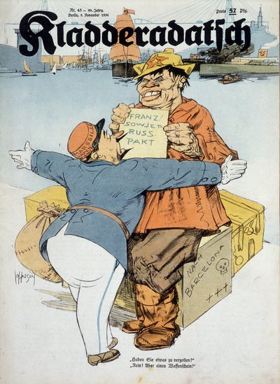 Caricature allemande sur les accords franco-soviétiques (douanier français et marin russe :" Avez-vous quelque chose à déclarer  Non ! Juste des armes !" (contexte de la guerre d