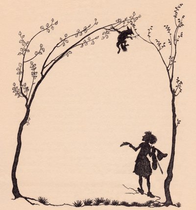 Un renard attaché par ses pattes à deux noisetiers. Illustration par Arthur Rackham du conte de Grimm, Le Merveilleux Musicien. - Arthur Rackham