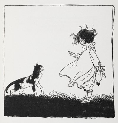 Une fille avec une poupée gronde son chat - Arthur Rackham