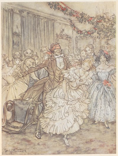 Une fête jouant à colin-maillard. Un homme portant un bandeau poursuit une femme en robe à volants - Arthur Rackham