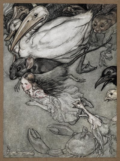 Alice et divers animaux nageant, y compris un rat, un canard, un dodo, une corneille, une belette, un crabe et un poussin. - Arthur Rackham