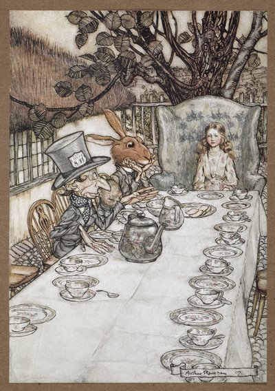Alice à la fête du thé du Chapelier fou avec le Lièvre de Mars, le Loir et le Chapelier fou - Arthur Rackham