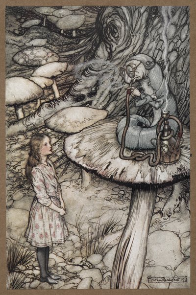 Alice parlant à la Chenille assise sur un champignon fumant une pipe - Arthur Rackham
