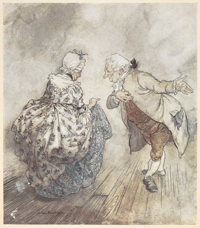 Un vieux couple en tenue de soirée sur le point de danser - Arthur Rackham