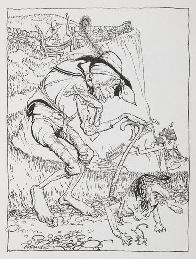 Un vieil homme tordu avec son chat tordu et sa maison tordue - Arthur Rackham