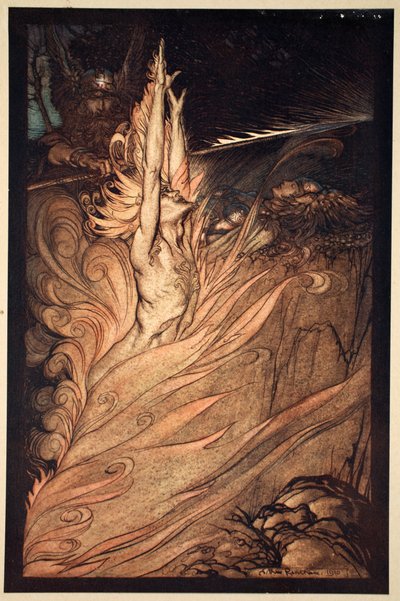 Apparaît, feu vacillant, Encercle le rocher avec ta flamme! Loge! Loge! Apparaît!, 1910 - Arthur Rackham