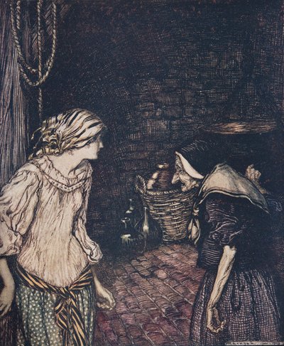 Enfin, elle atteignit la cave, et là elle trouva une vieille, vieille femme avec une tête tremblante.., des Contes de Fées des Frères Grimm - Arthur Rackham