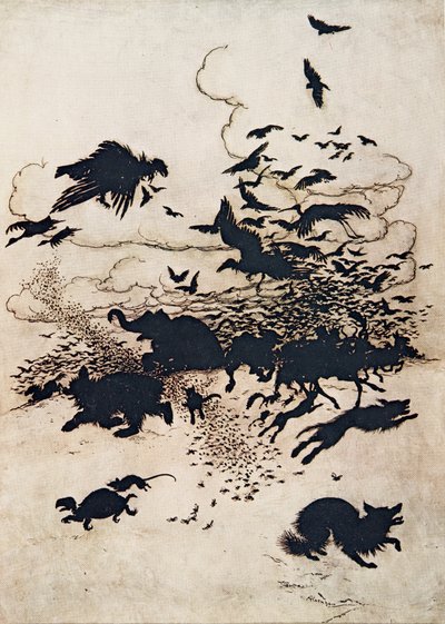 À la troisième piqûre, le renard hurla et sa queue descendit entre ses jambes, des Contes de fées des frères Grimm, pub. 1909 - Arthur Rackham