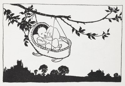 Bébé dans un berceau suspendu à une branche - Arthur Rackham